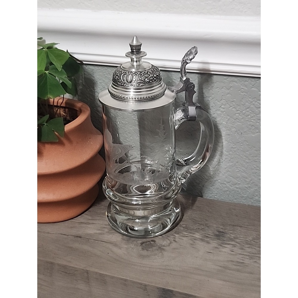 Vtg  Etched Crystal German Beer Mug Tankard Stein Glass Pheasant Pewter Lid 6.5"